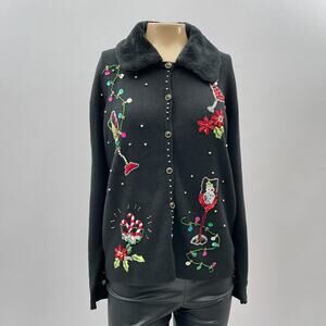 Kikit Vtg Cardigan Sweater Women M Black Knit Fur Beaded Holiday Christmas